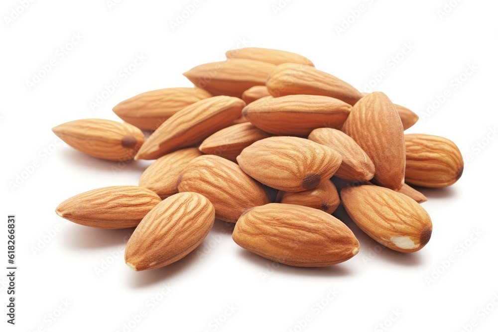 A pile of almonds on a white background created with Generative AI technology A pile of almonds on a white background created with Generative AI technology