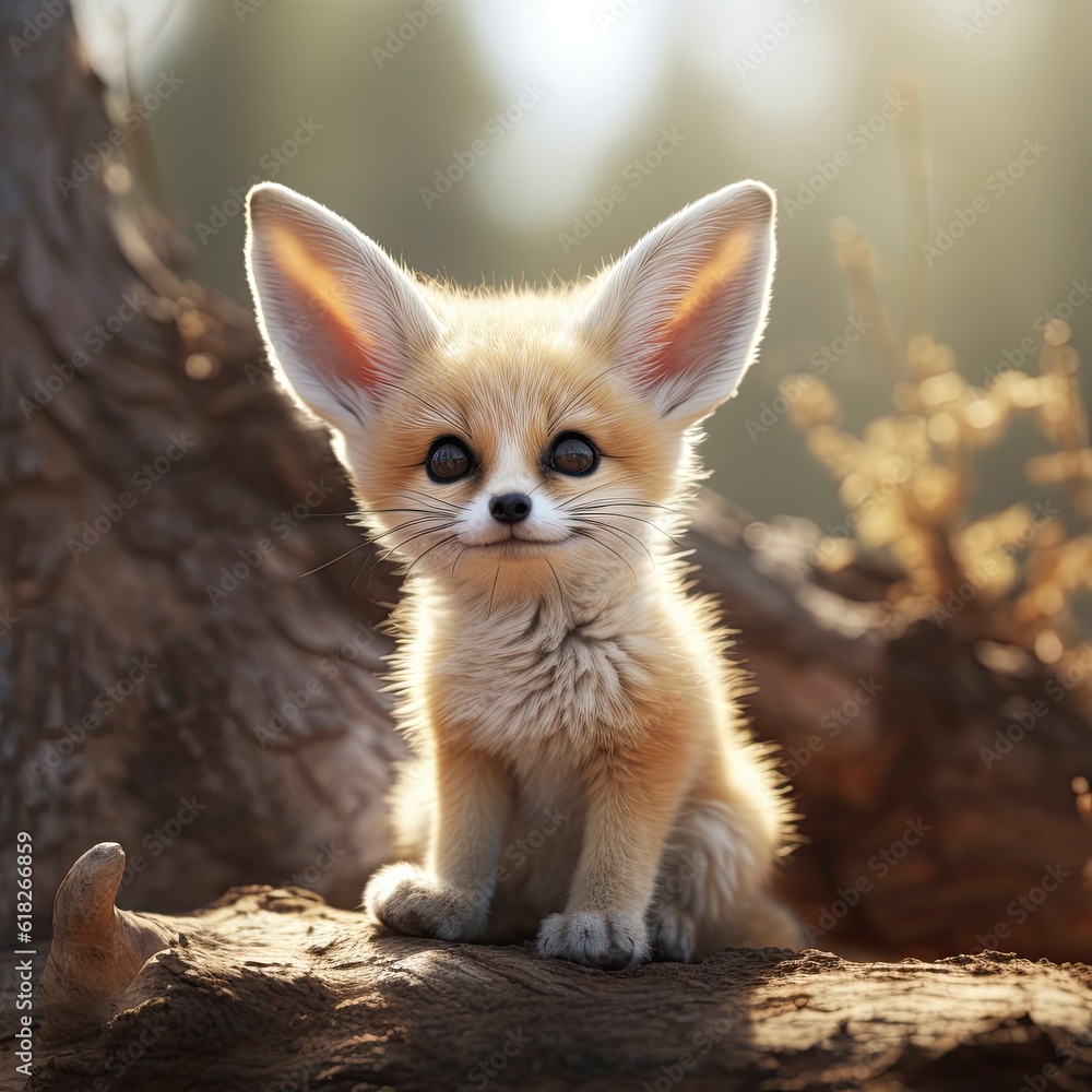 A small Fennec fox cub sitting on a log created with Generative AI technology