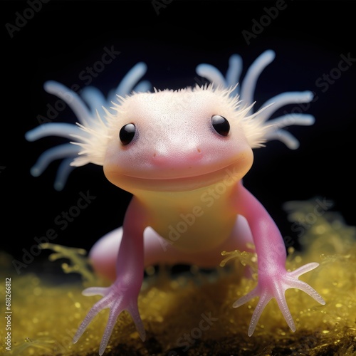 A close up of a small axolotl on a bed of grass created with Generative AI technology