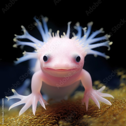 A close up of a axolotl on a black background created with Generative AI technology