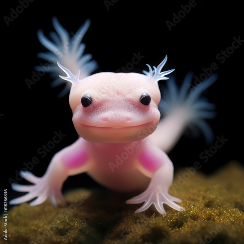 A small white and pink axolotl is sitting on some moss created with Generative AI technology