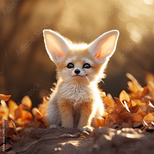 A little Fennec fox sitting on top of a pile of leaves created with Generative AI technology