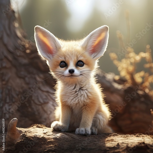 A small Fennec fox cub sitting on a log created with Generative AI technology © Karlaage