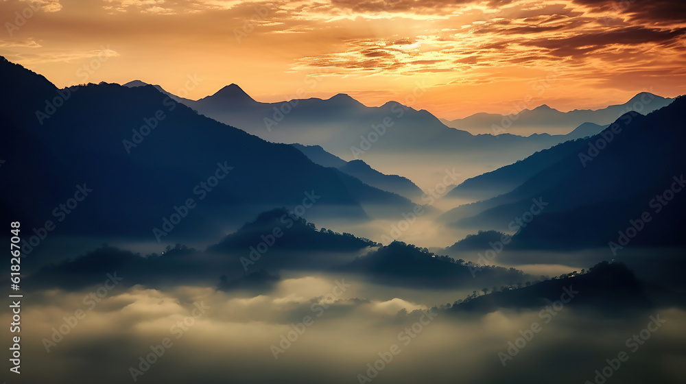 Smoke in the mountain range at the sunrise light