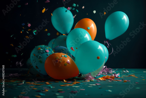 Holidays turquoise background with balloons, confetti, sparkles, lights. Anniversary. Banner for birthday, party, Christmas, New Year, promotion social media cover. Generative Ai