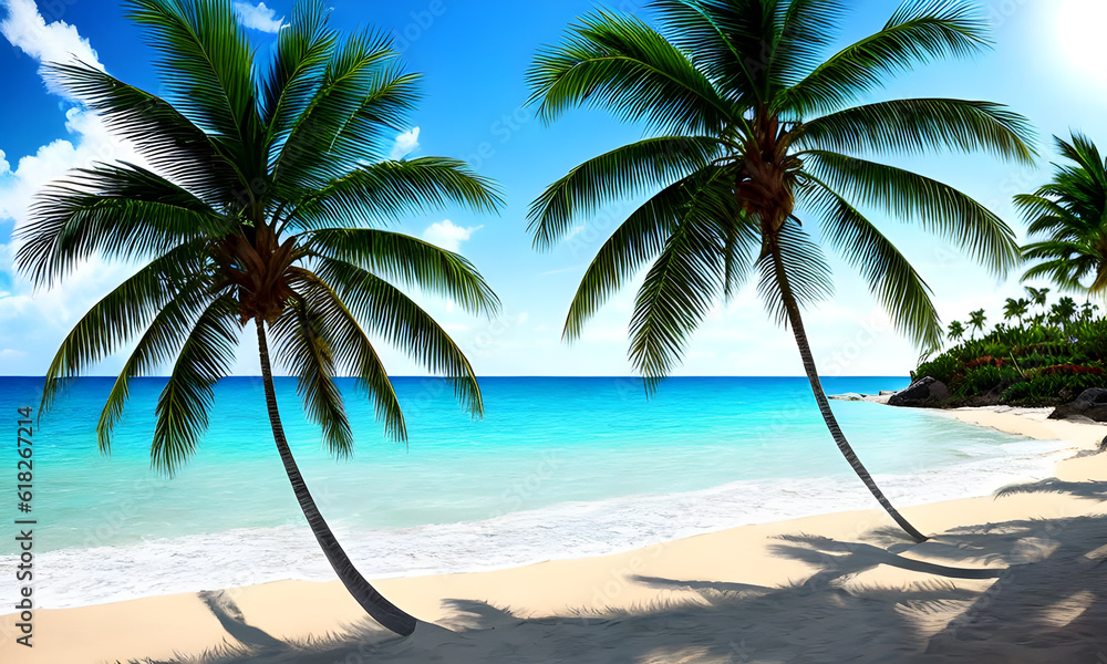 Obraz premium Sunset on the Sea, beach, palm trees and seagulls, Generative AI, Generative, AI