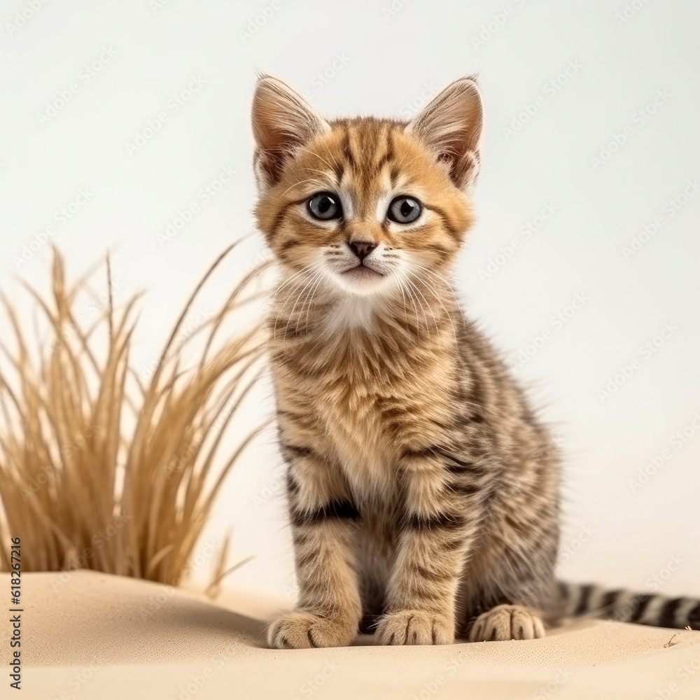 A small sand cat sitting on top of a sandy ground created with Generative AI technology