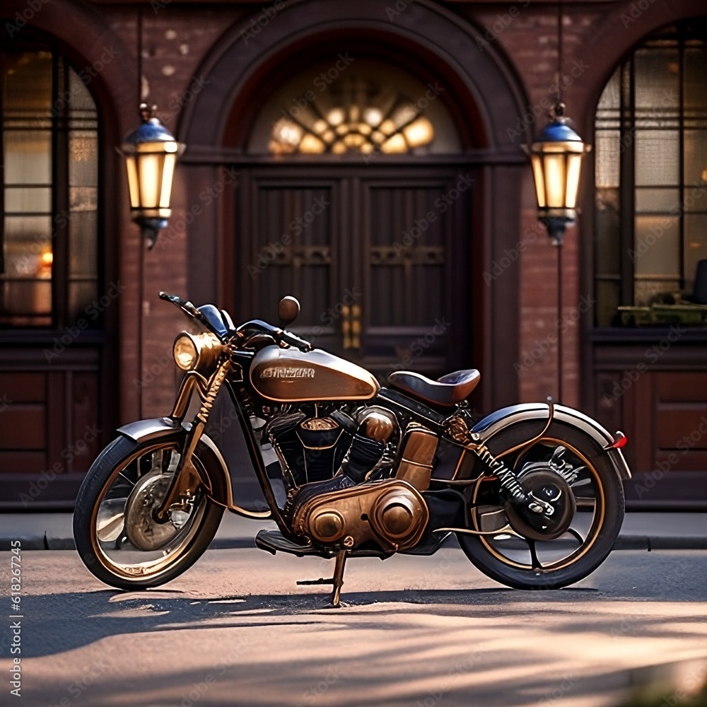 Discover the vintage allure of a motor bicycle with brass, copper, iron, and bronze accents, accompanied 
