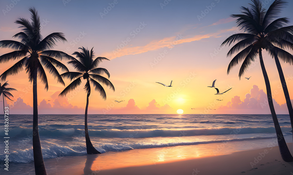 Sunset on the Sea, beach, palm trees and seagulls, Generative AI, Generative, AI