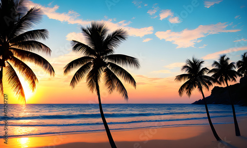 Sunset on the Sea  beach  palm trees and seagulls  Generative AI  Generative  AI