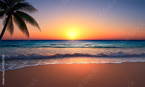Sunset on the Sea, beach, palm trees and seagulls, Generative AI, Generative, AI
