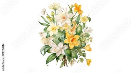 Classic and Elegant Gardenia and Daffodil Arrangem. AI generated