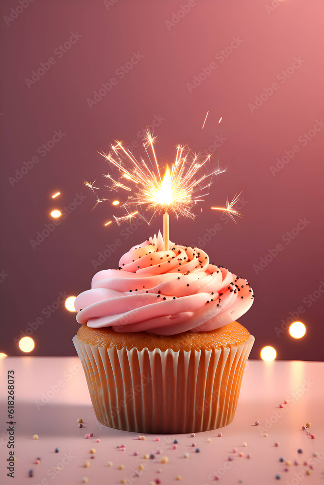 Cupcake with a candle on a pink background, Generative AI 2 Cupcake with a candle on a pink background, Generative AI 2
