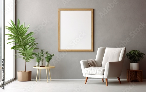 Empty wooden frame on the warm gray wall with copy space in the living room with a white armchair, green plants on the floor side, coffee table. © lanters_fla