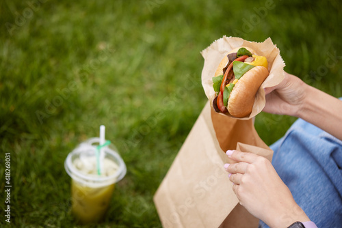 Fotografia young girl got food delivery, street food concept