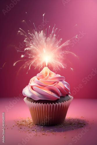 Cupcake with a candle on a pink background, Generative AI