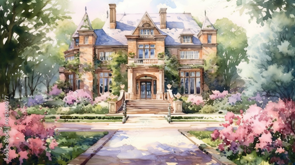Stately and Classic Rose Garden watercolor. AI generated
