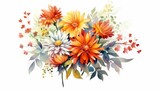 An Autumnal Bouquet of Mums and Zinnias watercolor. AI generated