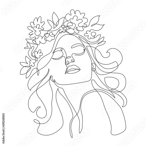 Beautiful woman face - line art. Single line minimalist vector illustration. Woman head with flowers - one line cosmetics logo.