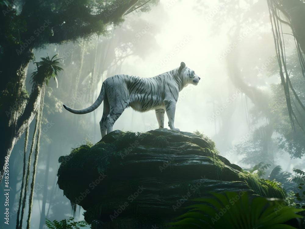 White tiger or bleached tiger on the big rock in the jungle. AI generated