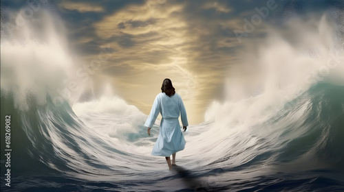 Jesus Christ walking on water. Storm with huge waves. AI generated