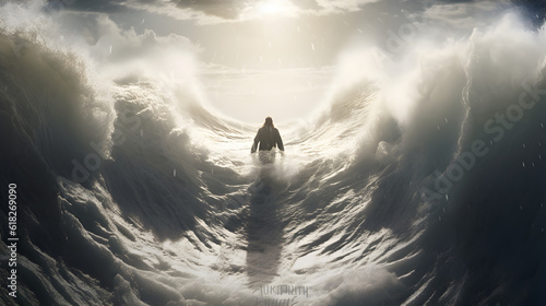 Jesus Christ walking on water. Storm with huge waves. AI generated