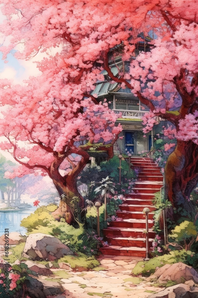 Blossoming Garden watercolor illustration. AI generated Blossoming Garden watercolor illustration. AI generated