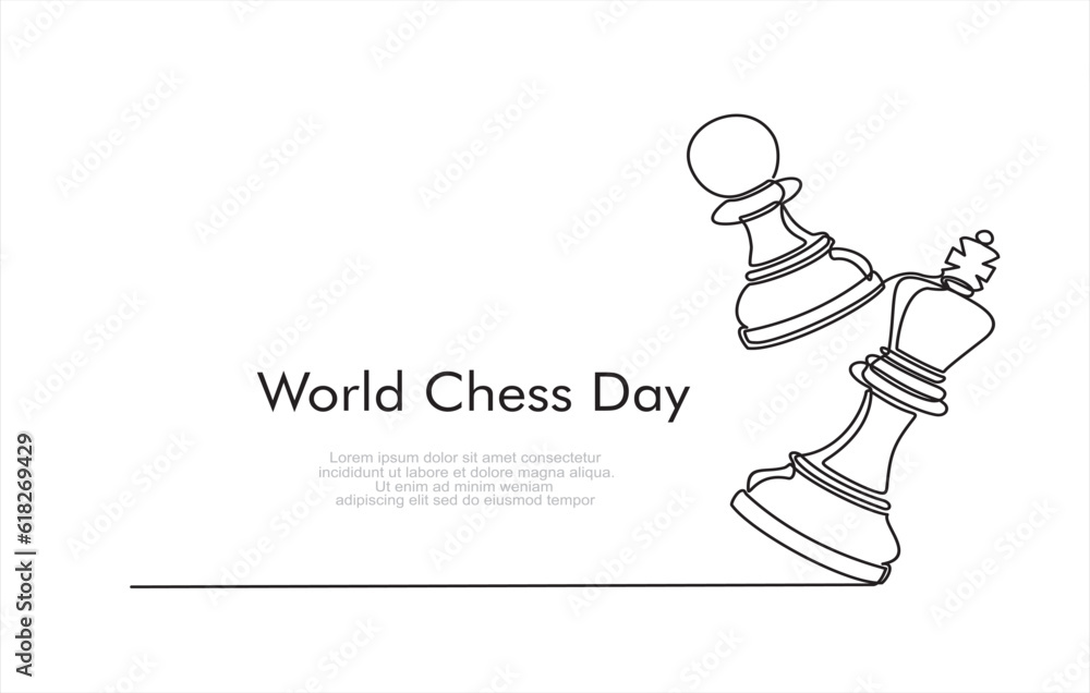 World chess day. Queen and pawn, chess pieces continuous one line art illustration. Can used for logo, emblem, slide show and banner. 