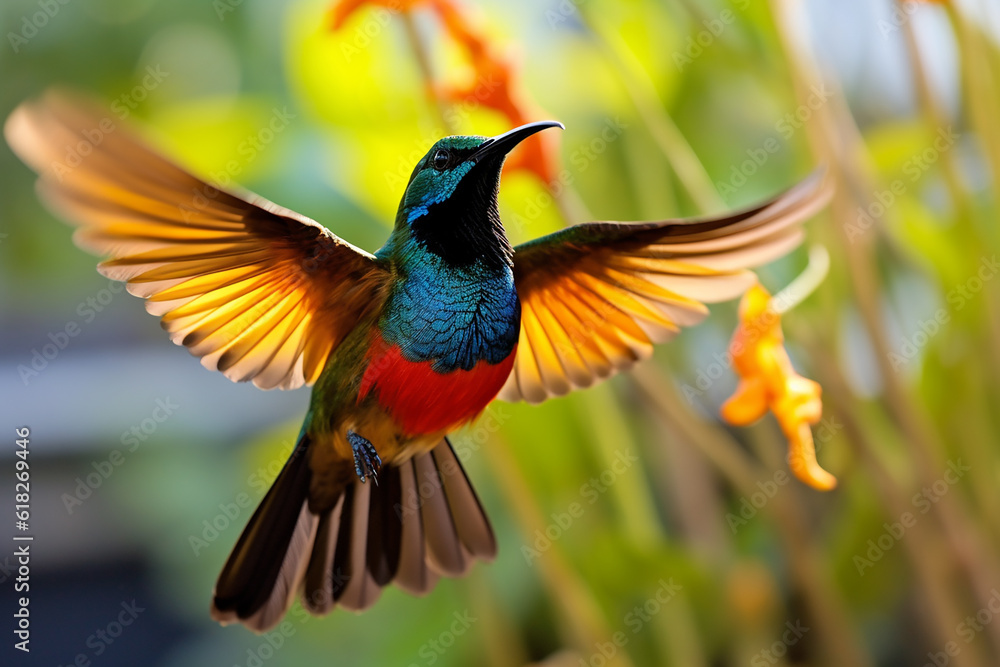 Fototapeta premium Elegant Male Sunbird Shaking Tail Streamers - Created with Generative AI Tools