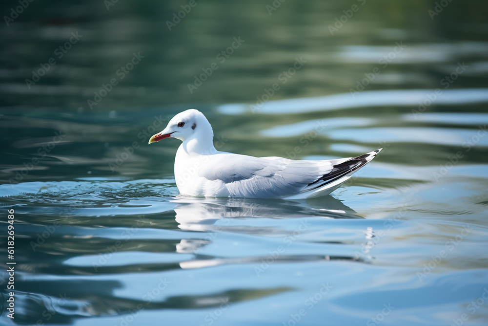 Elegant White Seagull Swimming in Serene Lake - Created with Generative AI Tools Elegant White Seagull Swimming in Serene Lake - Created with Generative AI Tools