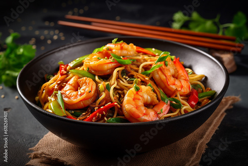 Delicious Stir Fry Noodles with Fresh Vegetables and Succulent Shrimps in Black Bowl - Created with Generative AI Tools