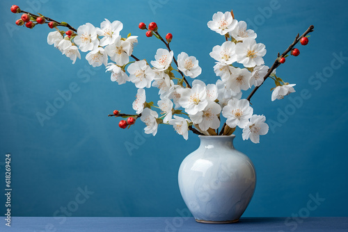 Elegant Flowering Cherry Branch in a Vase on a Blue Background - Created with Generative AI Tools