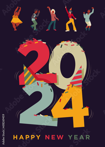 Happy new year 2024. Disco party. Dancing people. Gretting card, wish card for New Year's Eve. Vector illustrations of dancing silhouettes on a dark background