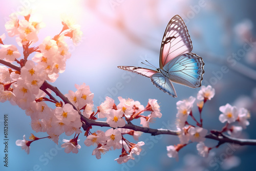 Graceful Blue Yellow Butterfly in Flight with Flowering Apricot Tree Branch - Created with Generative AI Tools © ThePixelCraft