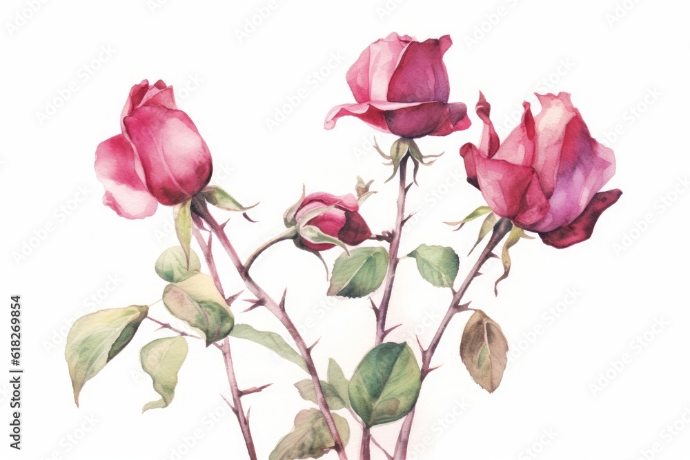 Burgundy Rosebuds watercolor illustration. AI generated