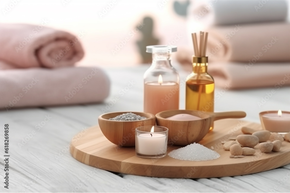 Luxurious Beauty Treatment Items for Spa Procedures on White Wooden Table - Created with Generative AI Tools
