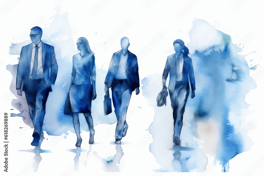 Obraz premium group of business people standing together, aptivating Watercolor-style Blue Silhouette Illustration of Four Business People Engaged in Productive Work, Emphasizing Teamwork