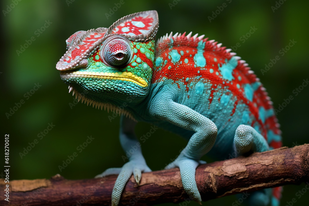 Fototapeta premium Stunning Colored Chameleon on Branch - Created with Generative AI Tools