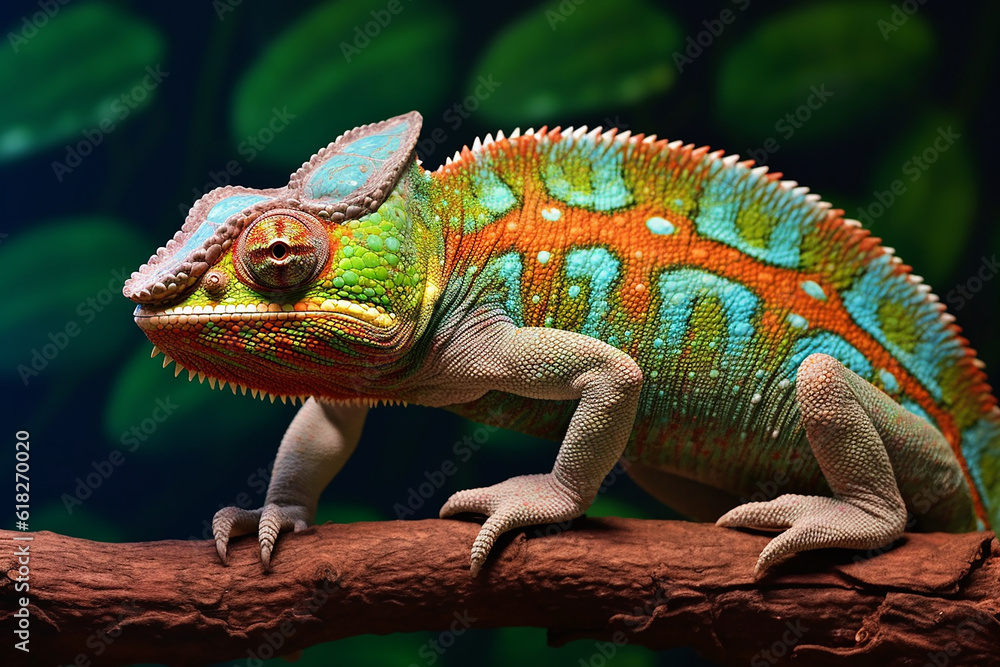 Obraz premium Stunning Colored Chameleon on Branch - Created with Generative AI Tools