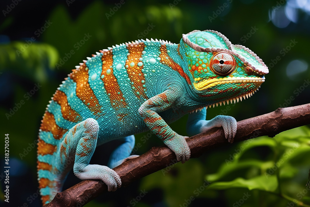 Obraz premium Stunning Colored Chameleon on Branch - Created with Generative AI Tools