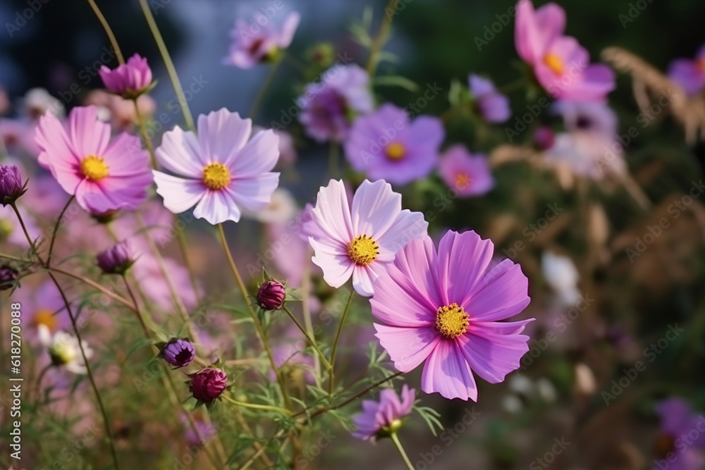 Vibrant Blooming Cosmos Flowers in Garden - Created with Generative AI Tools Vibrant Blooming Cosmos Flowers in Garden - Created with Generative AI Tools