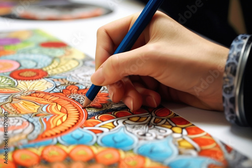 Close-up of a hand coloring a picture with a colored pencil. Generative AI.