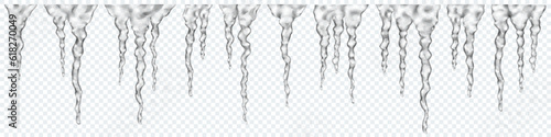 Groups of translucent gray realistic icicles of different lengths, connected at the top, isolated on transparent background. Transparency only in vector format