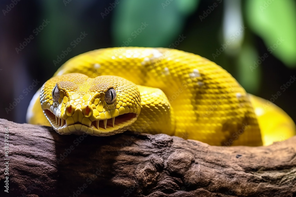 Vibrant Yellow Tree Python Snake Coiled on Branch - Created with ...