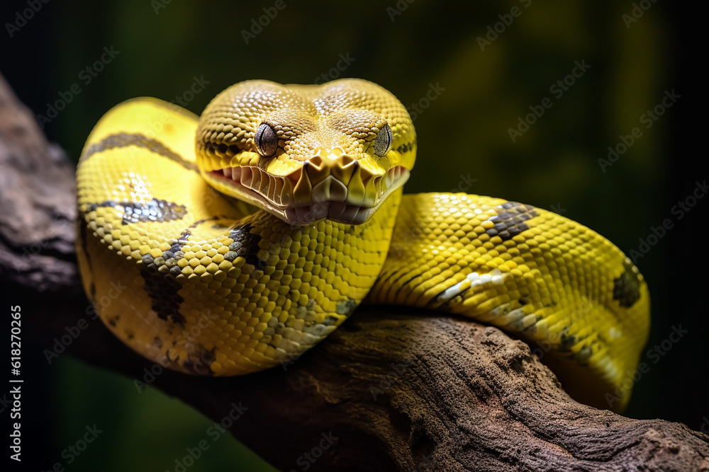 Vibrant Yellow Tree Python Snake Coiled on Branch - Created with ...