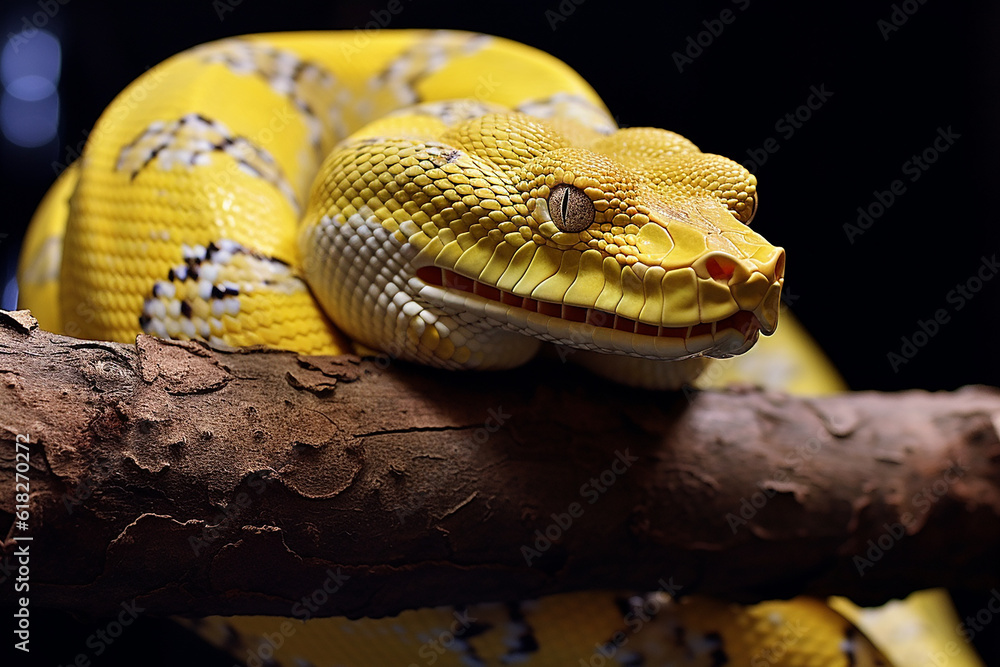 Fototapeta premium Vibrant Yellow Tree Python Snake Coiled on Branch - Created with Generative AI Tools