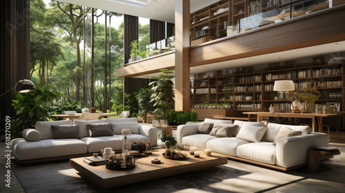 modern living room with the forest in the natural