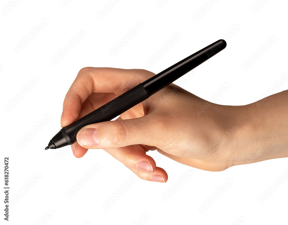 Hand holding stylus pen tool, drawing, writing isolated on white background Hand holding stylus pen tool, drawing, writing isolated on white background