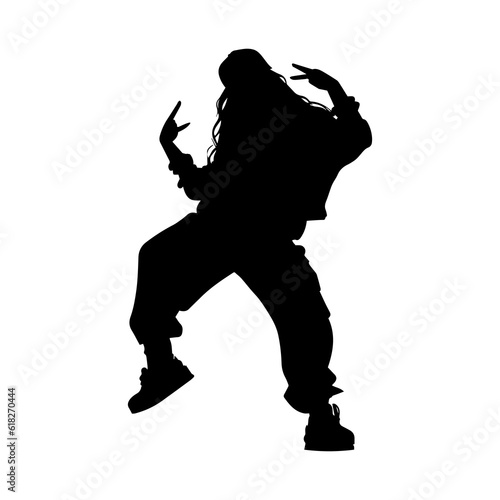 Vector illustration. Silhouette of a girl dancer in baggy hip-hop clothes.