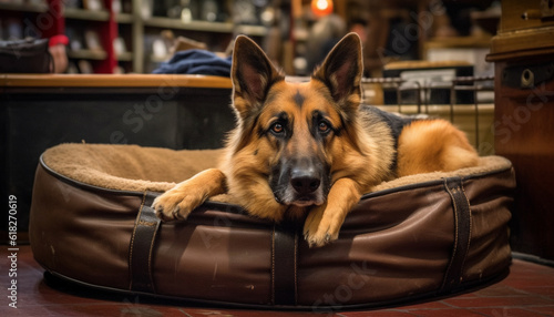 Purebred German Shepherd puppy sitting, guarding indoors generated by AI